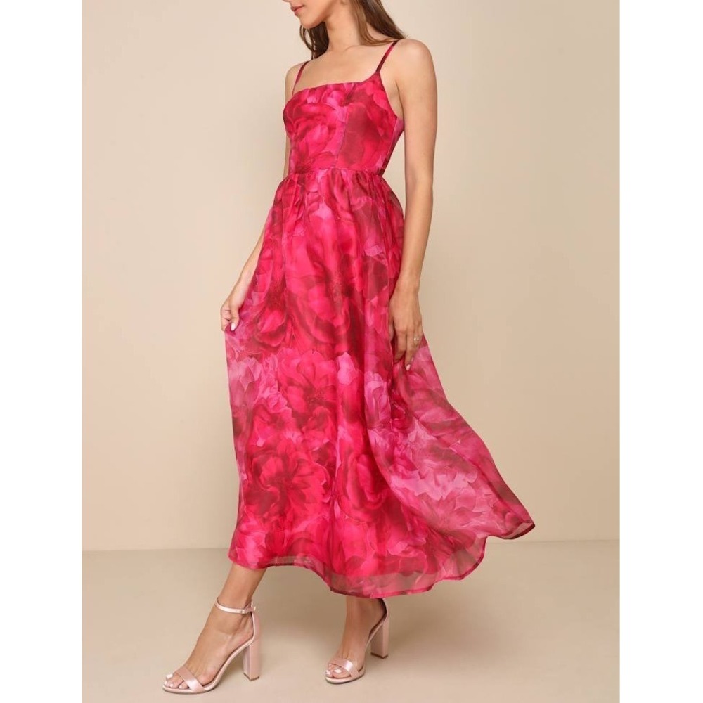 NWT Lulus Darling Icon Dark Pink Floral Organza Lace-Up Midi Dress Large